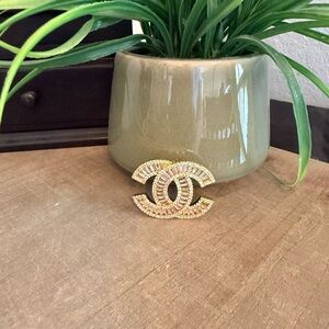 Gold Tone Crystal Double C Style Brooch/pendant Baguette Rhinestone Statement